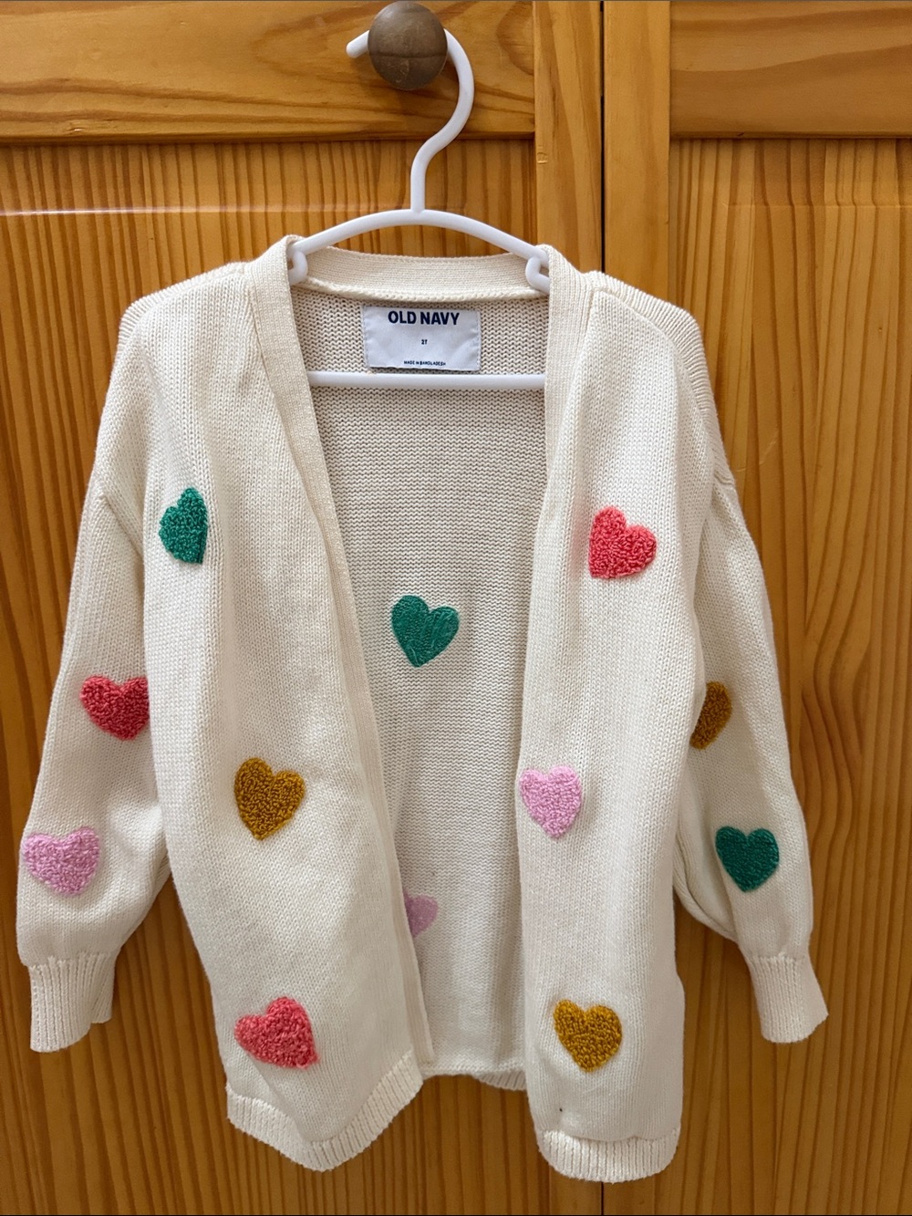 Old Navy Cream Open Cardigan with Multicolor Heart Appliqués